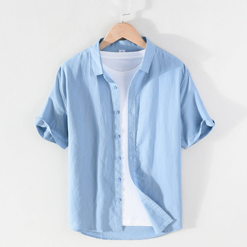 Men's Linen Short-sleeved Shirt Square Collar Casual Cotton And Linen - kinko