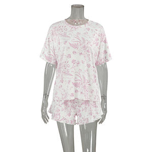 Autumn Casual Home Wear round Neck Short Sleeve Ruffled Shorts Two Piece Knitted Printed Pajamas for Women