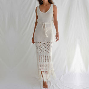 Sunscreen Beach Dress Hollow Out Cutout out Strap Women Maxi Dress with Tassel Bikini Swimsuit Blouse