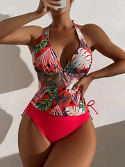 Swimsuit Women Split Triangle Lace up Solid Color Leaves Printed Bikini Swimsuit