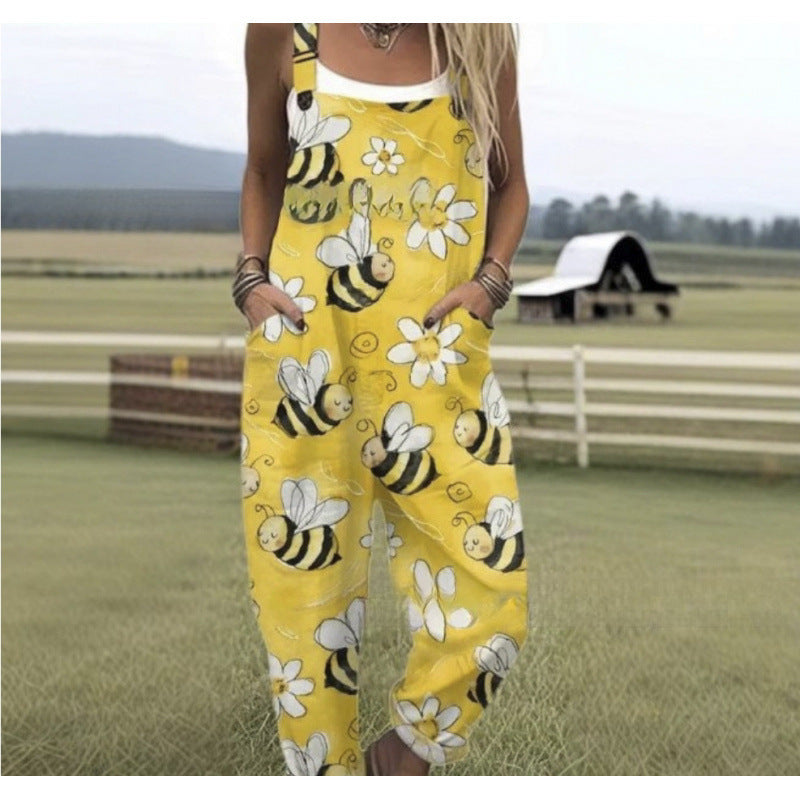 Women's Summer Digital Printing Button Casual Suspender Trousers - kinko