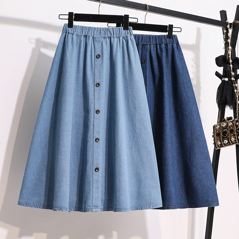 Plus Size Breasted Elastic Waist Blue Denim Skirt - kinko