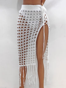 Women Clothing Sexy Cutout Woven Lace up Tassel Dress Split Beach Skirt