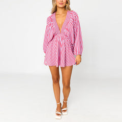 Shirt Slimming Casual Loose Deep V Wide Leg Short Jumpsuit - kinko