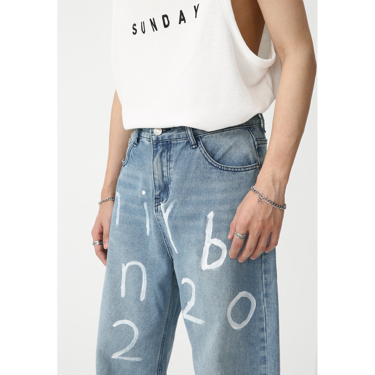 New Loose Wide-leg Mopping Jeans Personalized Digital Printing - kinko