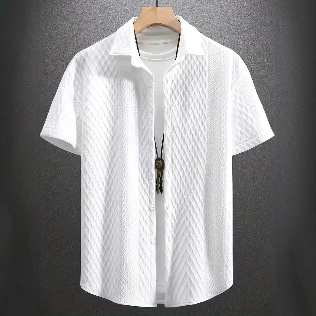 Men's Solid Color Short Sleeve Knitted Shirt With Over-turned Collar - kinko