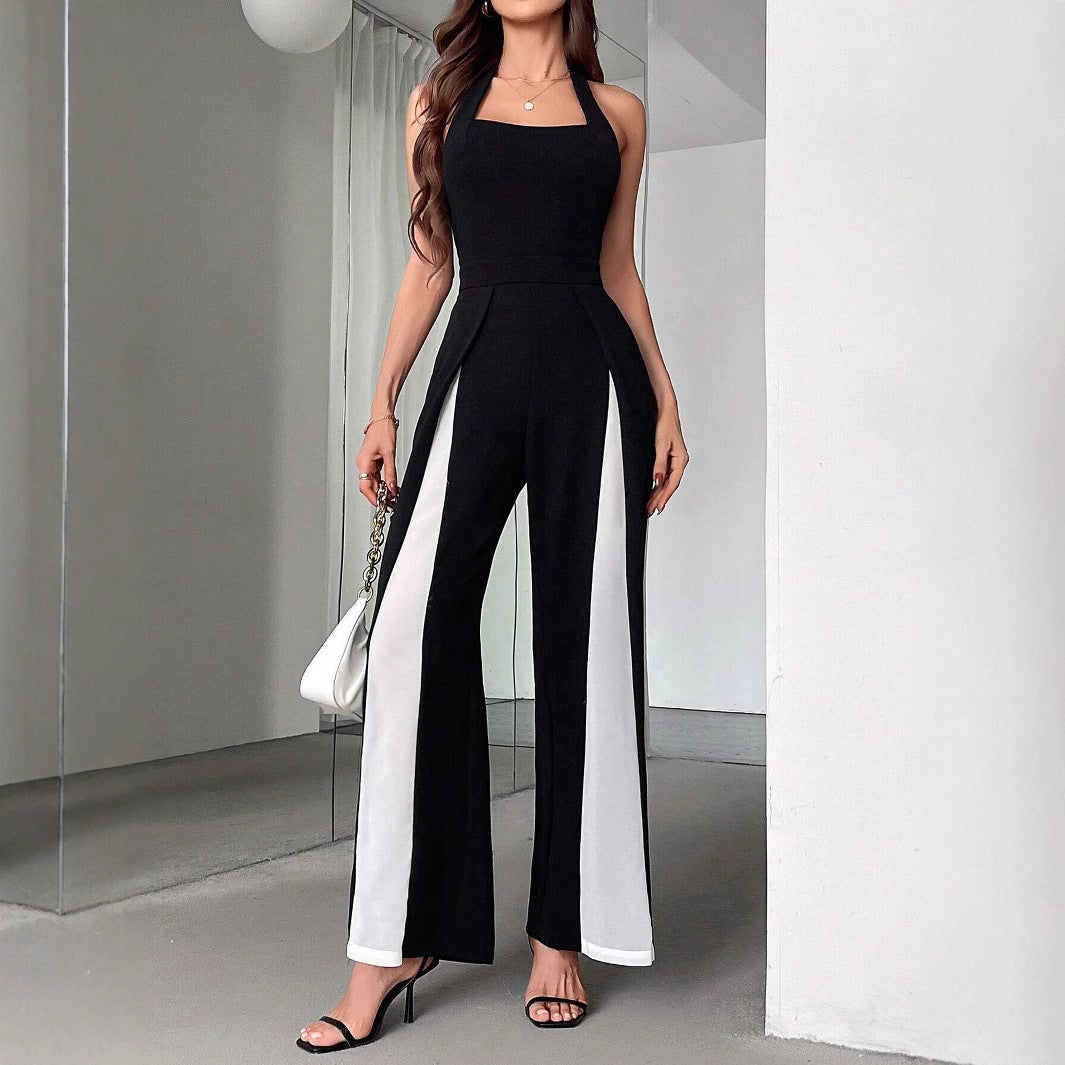 Black And White Color Matching Straight Halter Jumpsuit - kinko