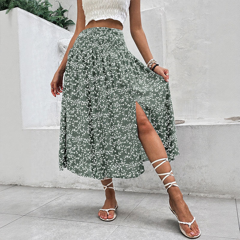 European And American Women's Clothing Casual Holiday Floral Print Split Skirt - kinko
