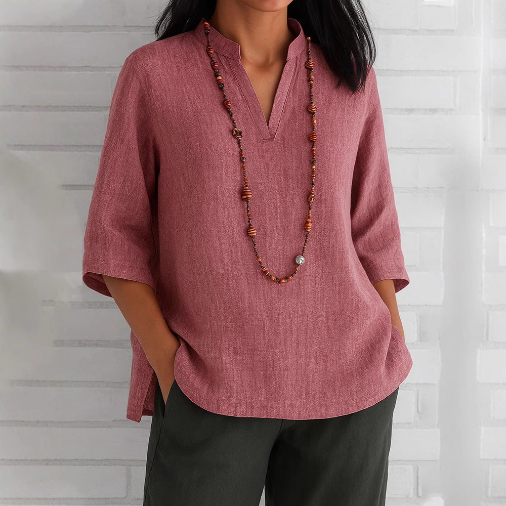 Summer Women's Clothing V-neck 34 Sleeves Cotton And Linen Loose Casual Shirt - kinko