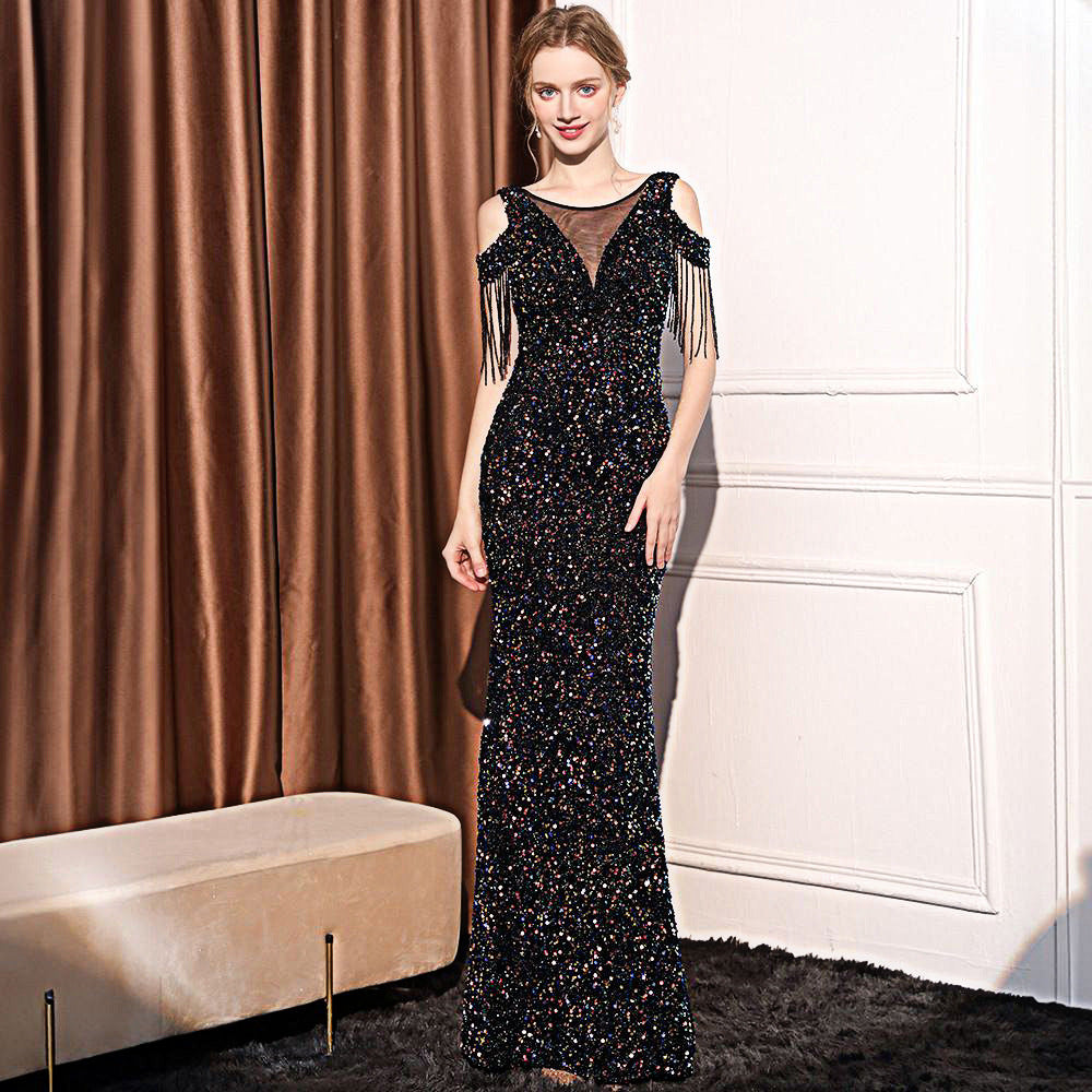 Sequin Long Slim Slimming Fishtail Dress - kinko
