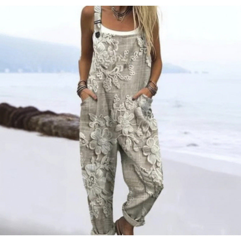 Women's Summer Digital Printing Button Casual Suspender Trousers - kinko