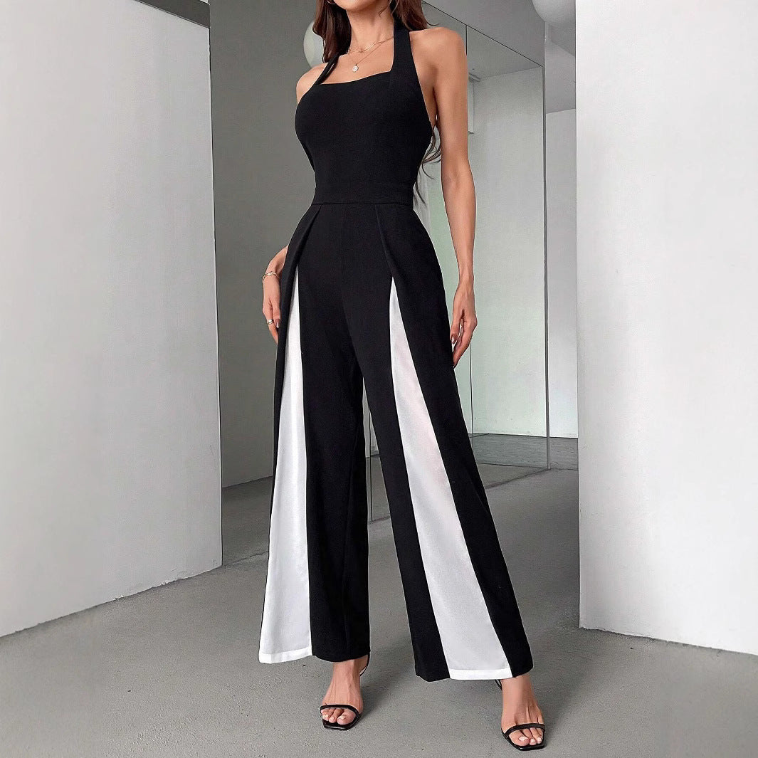Black And White Color Matching Straight Halter Jumpsuit - kinko