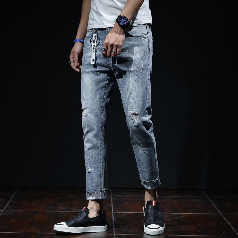 Spring And Summer Ripped Jeans Elastic Small Leg Straight Leg Pants Youth - kinko