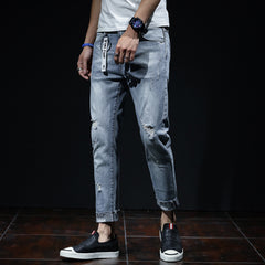 Spring And Summer Ripped Jeans Elastic Small Leg Straight Leg Pants Youth - kinko