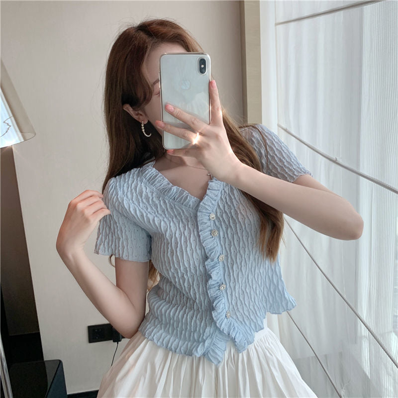 Casual All-match Blue Short-sleeved T-shirt For Women - kinko