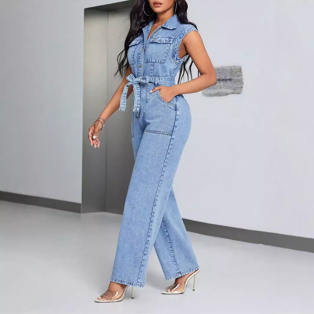 Denim Wear Sleeveless Casual Jumpsuit Trousers Jeans - kinko
