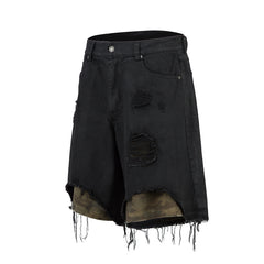 High-grade RO Style Cropped Pants Men's Street Washed Broken Denim Middle Pants Straight - kinko