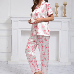 Satin Printed Pajamas Comfortable Homewear Short Sleeve Trousers Two Piece Sets Women Spring Summer Floral Satin Collared Artificial Silk