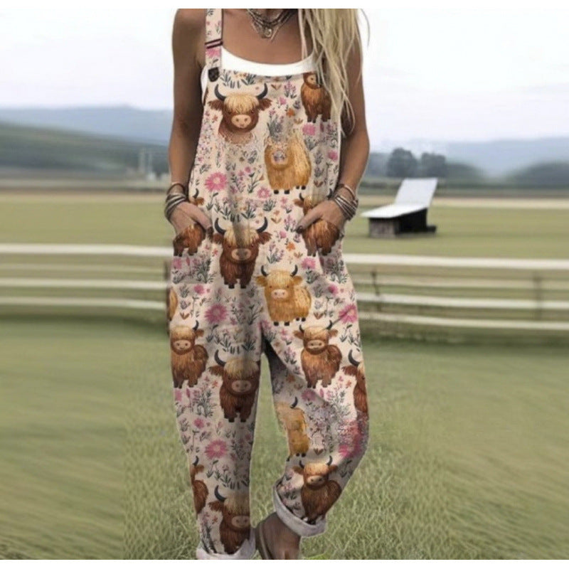 Women's Summer Digital Printing Button Casual Suspender Trousers - kinko