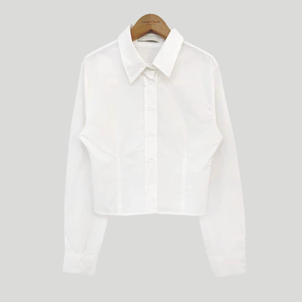 Waist-tight Slimming And Short Long-sleeved Shirt Women's Lapel Shirt - kinko