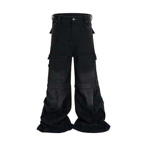 Detachable Worn Looking Washed-out Multi-pocket Detachable Two-way Wear Micro-pull Overalls - kinko