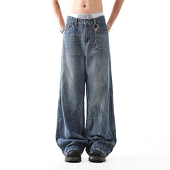 Lightning Pattern Washed Straight Jeans Men - kinko