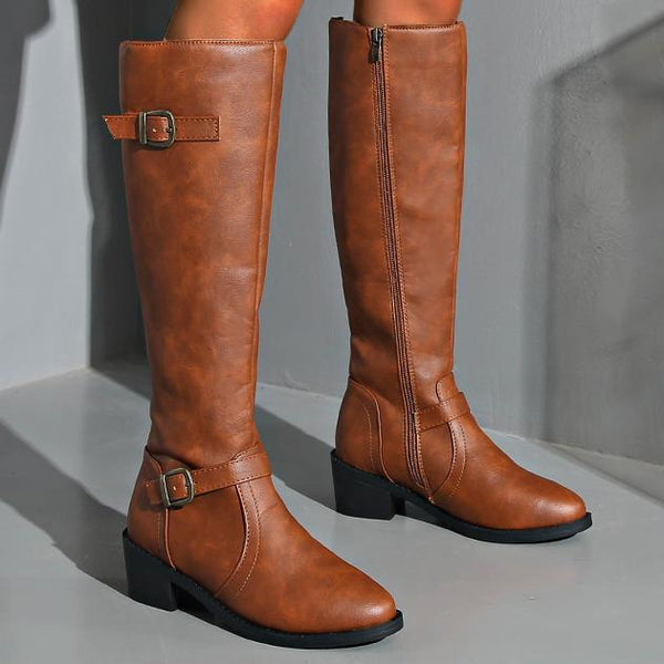 Women’s Plus-Size Mid-Heel Knight Boots – Side Zipper Motorcycle Buckle Design