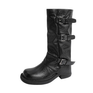 Height Increasing ole Belt Buckle Pile Boots Women Chunky Heel Retro Western Cowboy Boot Boots Chelsea Mid Calf Riding Boots