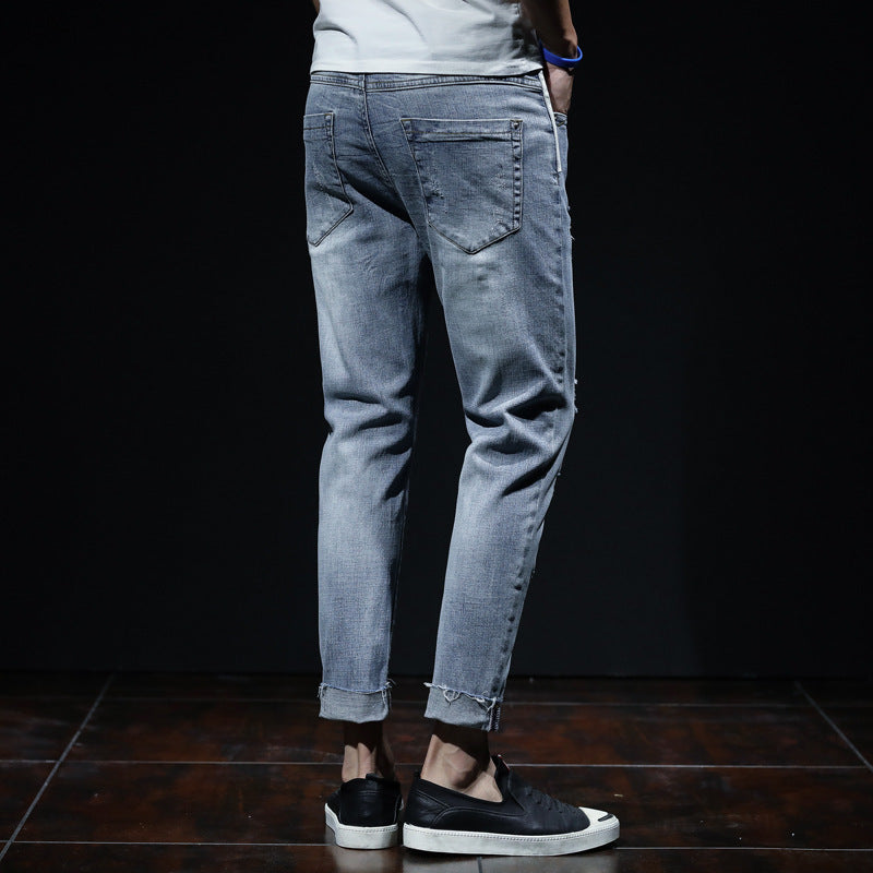 Spring And Summer Ripped Jeans Elastic Small Leg Straight Leg Pants Youth - kinko