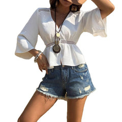 Solid Color Hollow-out Waist Inlaid Lace Shirt - kinko