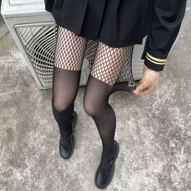 Black Silk Fishnet Stitching Hollow Thin Snagging Resistant Pantyhose - kinko
