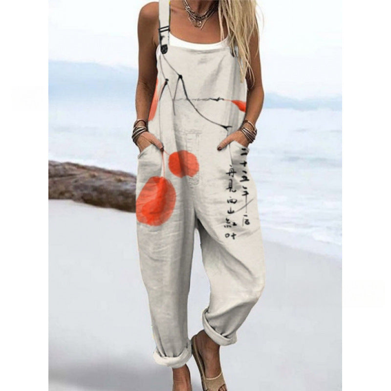 Women's Summer Digital Printing Button Casual Suspender Trousers - kinko