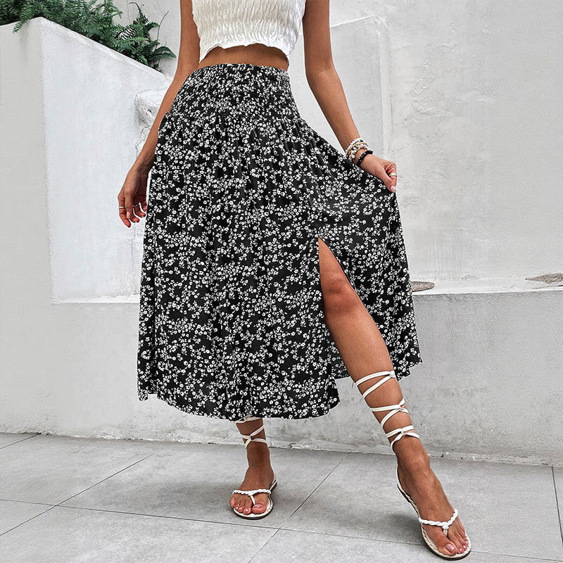 European And American Women's Clothing Casual Holiday Floral Print Split Skirt - kinko