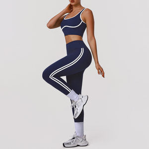 Contrast Color Striped Fitness Yoga Two Piece Sets High Elastic Shockproof Bra Hip Lift Belly Shaping Tights Sportswear
