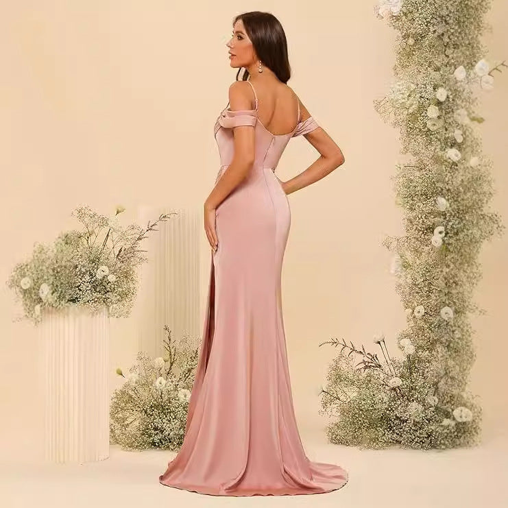 Off-the-shoulder Satin Bridesmaid Corset Ball Gown - kinko