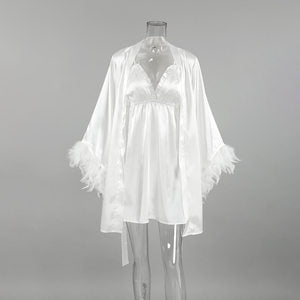 Loose Night Dress Robe Two Piece Sets Satin Stitching Feather Sleeve Solid Color Ladies Homewear