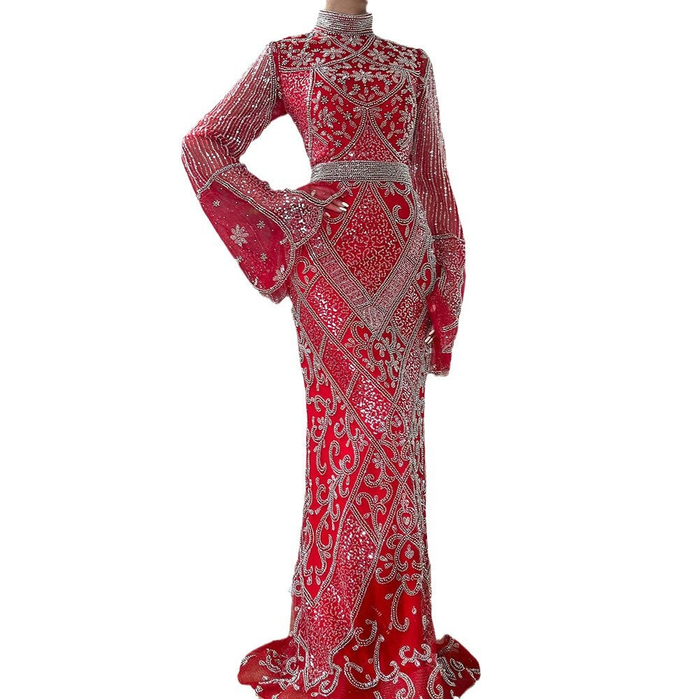 Red High Collar Fishtail Evening Long Dress - kinko