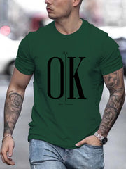 Men's Summer Loose Fit   OK Printed T-shirt Tops Cool Design Street Short Sleeve Top Tee Clothing