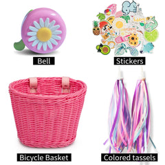 Kids Bicycle Basket+Bell+Tassel+Stickers Set Kids Front Handlebar Rattan Handwoven Bike Basket Cycling Accessories