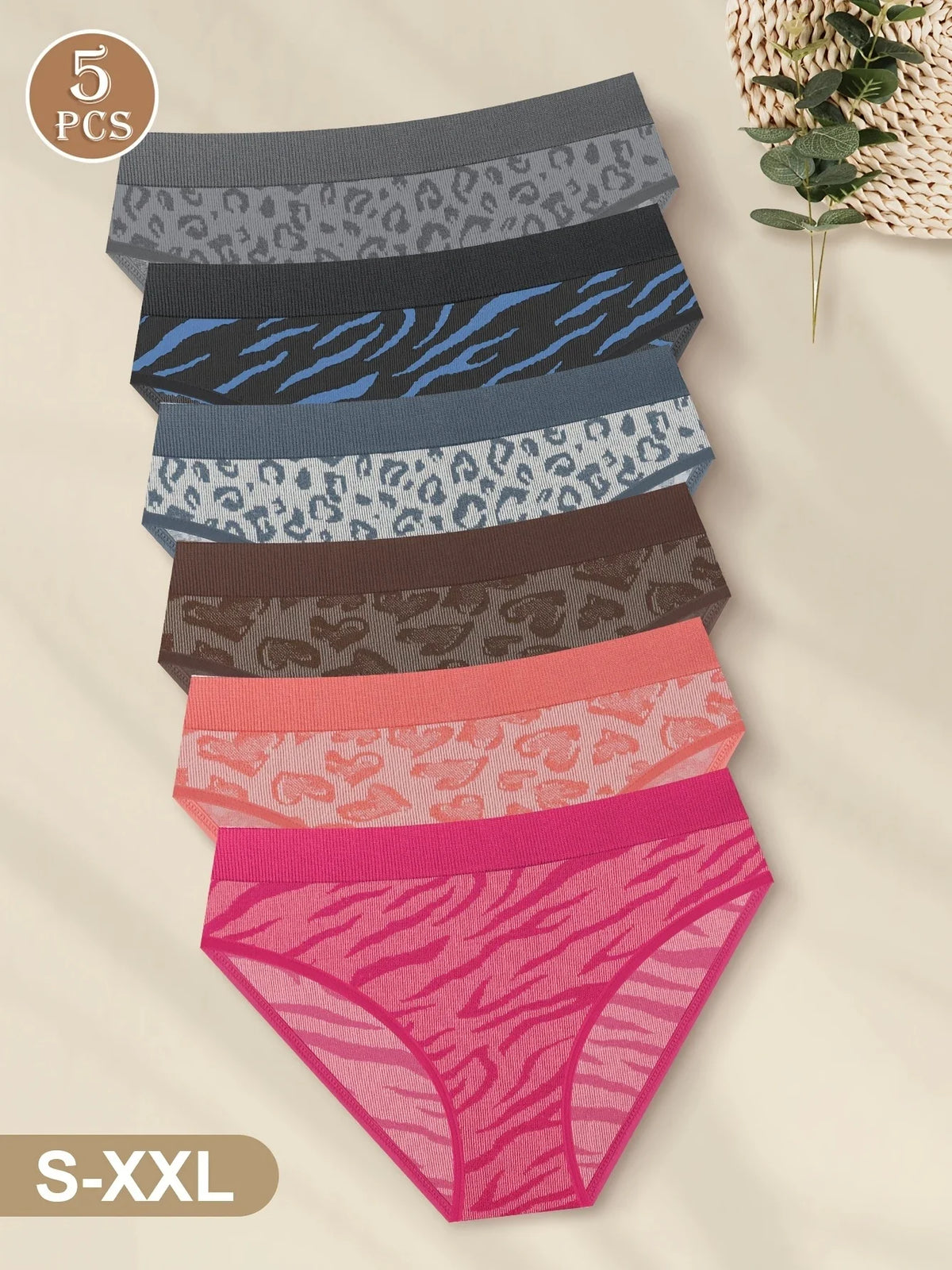 Set of 5 Women'S Low-Rise Seamless Underwear with Leopard Print, Featuring High Elasticity And Breathable Material.