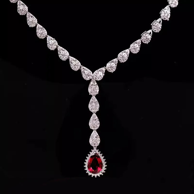 Luxury Evening Dress Accessories Pigeon Blood Red Ruby Tassel Necklaces Bracelet Earrings Rings 4-Piece Jewelry Sets For Women