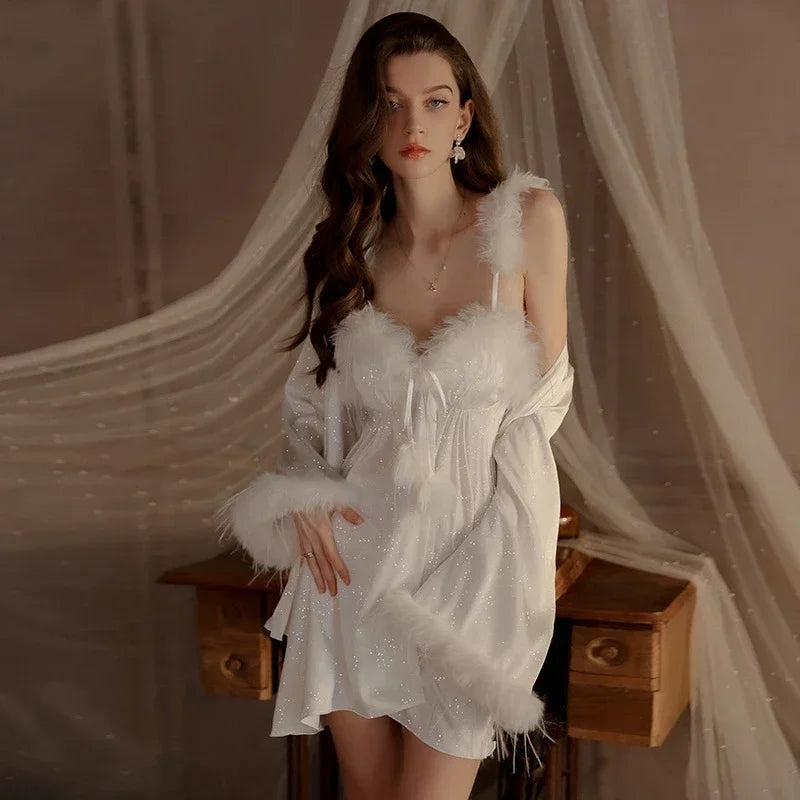 Sexy Women's Pajamas Underwear with Breast Cushion Halter Nightdress Robe Home Suit Autumn Women's Pajamas Two-piece Set Dresses