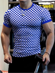 Men's Sports Gym T Shirt Muscle Training Tees Short Sleeve Tees Quick Drying Grid diamond print Men Oversized Tops Men Clothing