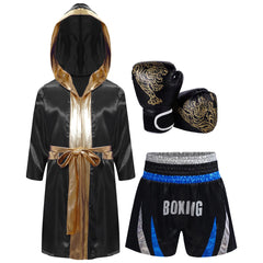 Kids Boys Boxing Training Outfit Long Sleeve Open Front Metallic Satin Robe Hooded Cloak with Athletic Shorts And Boxer Gloves