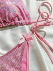 Shiny Pink Bikini Extrem String Backless Swimsuit Push Up Kawaii Bowknot Vacation Swimwear Women Micro Tangas Beach Bathing Suit