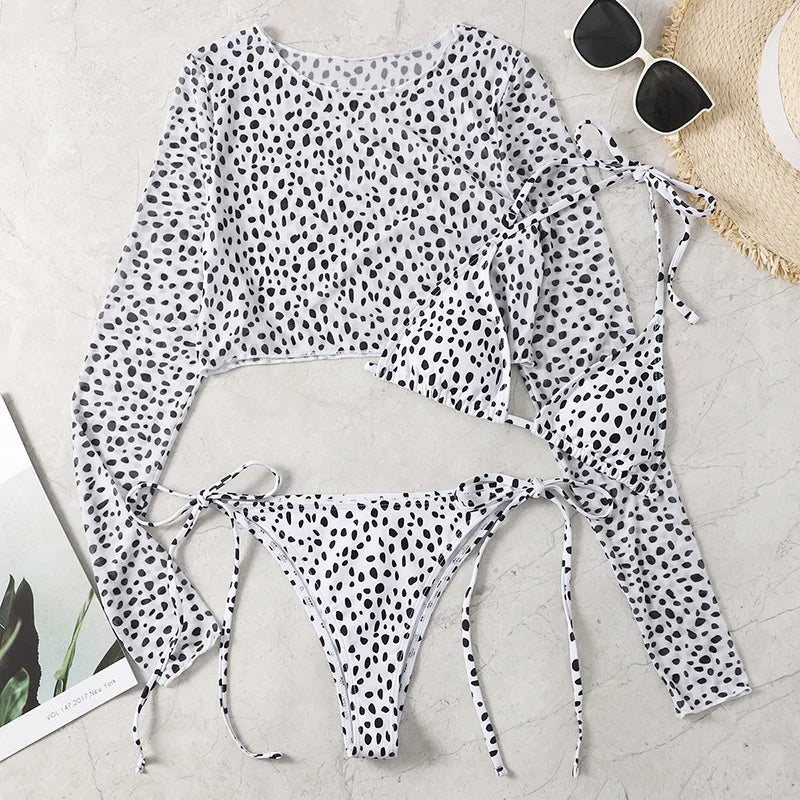 Women Leopard Swimwear 3 Piece Bikini Set 2023 New Long Sleeve Swimsuit String Bathing Suit