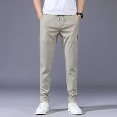 Summer Men's Casual Pants Thin Soft Elasticity Lace-up Waist Solid Color Pocket Applique Korea Grey Black Work Trousers Male