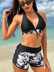 Circyy Bathing Suit Women Neck-mounted Beachwear Drawstring Lace Up Bikini Set High Waisted Print Beach Shorts Summer 2025 New