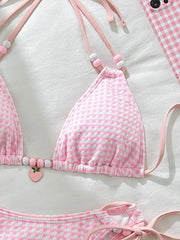 Sexy Pink Plaid Bikinis Sets Women Bead String Strap Push Up Drawstring Side Thong Swimsuit 2025 Beach Bathing Suit Swimwear