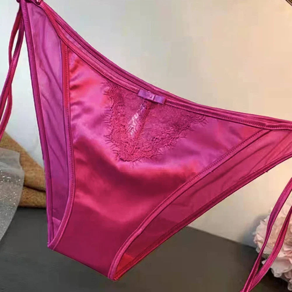 Women Lace Panties Lingerie Soft Silk Satin Underwear Knickers Briefs Seamless Simulated Silk Strap Low Waist Underwear For Lady